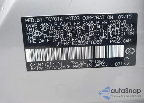 2011 Lexus Es из США, поврежденный, VIN JTHBK1EG8B2418083